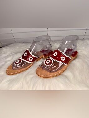 Jack Rogers Navajo Sandals Women’s Size 8 Red White Floral Leather Slip On Flat